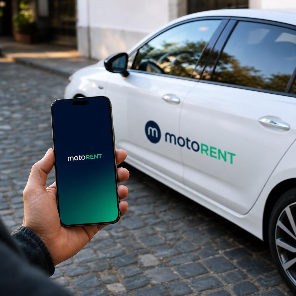 A white car with the MotoRent logo and a hand holding a smartphone showing the MotoRent app